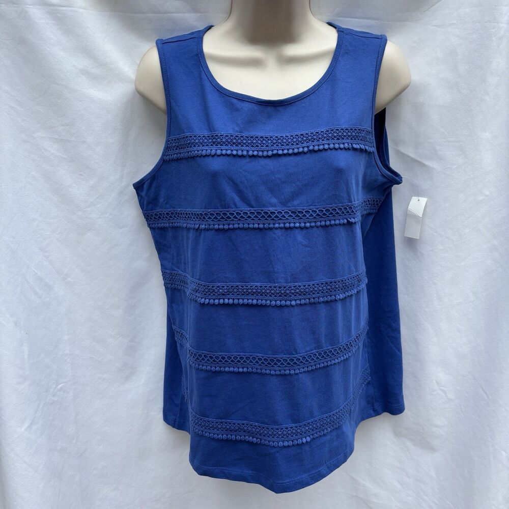 Talbots Women's Top Sleeveless Blue Round Neck Crochet Lace Detail Sz Medium NWT